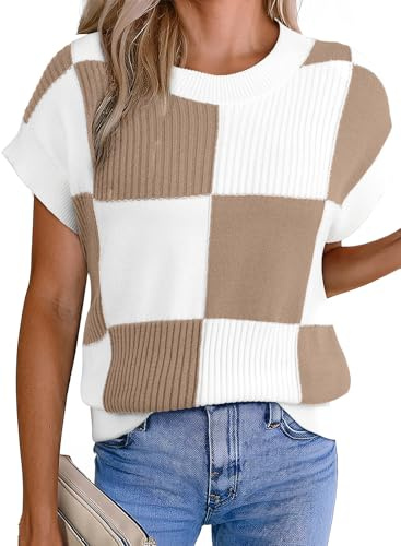 EVALESS Fall Sweaters for Women 2026 Round Neck Short Sleeve Sweater Vests Trendy Color Block Knit Cap Sleeve Blouses Tops Womens Spring Winter Outfits Fashion Clothes Khaki X-Large
