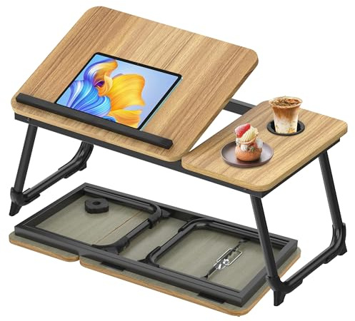 Soontrans Laptoptisch 63x27x33CM, Laptop Tisch mit Winkelverstellbar und Cup Slot, MDF, Betttisch mit Klappbare Beine,Betttablett für Bett und Sofa, Couch, Boden, Laptop Tisch für Bett (Holzfarbe)