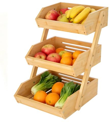 Vyranut Frutero de Bambú de 3 Niveles Desmontable, Porta Frutas y Verduras, Porta Pan y Snacks, Organizador para Cocina y Mesa, Estante Decorativo, Set con Tovala de Lino-Algodón