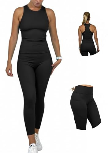 Ballandoro Completo Palestra Donna - Set Leggins Sportivi Push Up e Tank Top Sportivo, Tuta Completa Pantaloncini Workout e Canotta Fitness, Abbigliamento da Yoga Running Pilates (Nero, M)