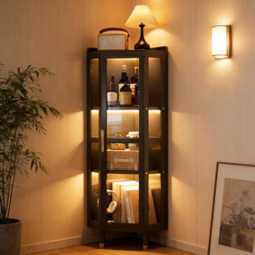3 Estantes Vitrina Expositora de Esquina con Puertas, acrílico Transparente, Armario Independiente para rincones con Patas para Espacios pequeños, salón, Cocina, Negro