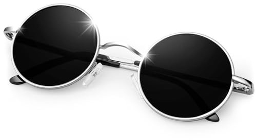 KANSATAL Gafas de Sol Negras Plateadas Redondas Polarizadas Hombre y Mujer Retro Vintage Pequeñas Black Round Sunglasses Metal Circulo - Lentes Negras En Montura Plata