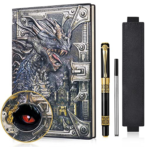 JiaoJiRen DND – Carnet de notes dragon 3D en cuir gaufré A5 – Journal de voyage vintage avec stylo et pochette pour stylo – Journal d'écriture ligné fait à la main pour homme et femme (dragon coloré)