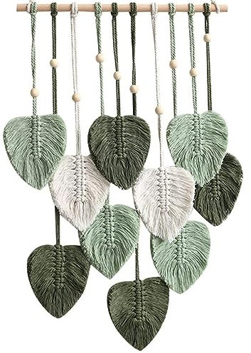 Makramee Wandbehang Boho Deko, Blattquaste Wandbehang Style mit Holzperlen und Blätter, Tapisserie Wanddeko Boho Handgemacht, für Outdoor, Wohnzimmer,Schlafzimmer,Indoor (Grün)