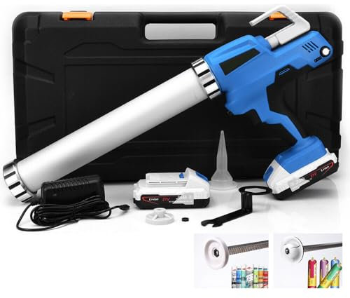 Pistola de calafateo de silicona, 2 baterías de 21 V, para cartuchos de 300 ml, bolsa de manguera de 600 ml, 6500 N, 6 velocidades, incluye cargador, jeringa eléctrica de silicona con LED