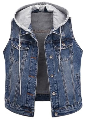 WSLCN - Chaleco de mezclilla lavado con botones para mujer, con capucha, chaqueta vaquera sin mangas con bolsillos