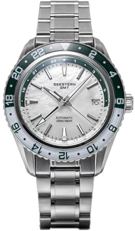 Seestern S456 GMT Automático Acero Fecha Verde Blanco Zafiro Reloj Hombre, Color blanco.
