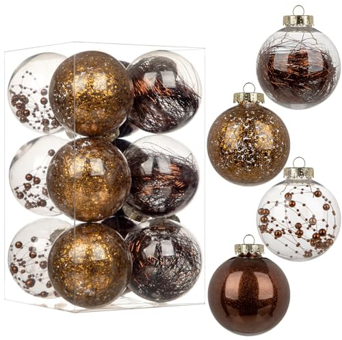 12pcs 8cm Christmas Baubles Big Shatterproof Clear Plastic Ball with Delicate Ornaments Bronze Xmas Balls Set Christmas Tree Hanging Decorations for DIY Halloween Party Wedding Decor