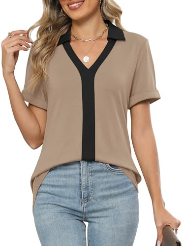 Rapbin Womens Tops Summer Short Sleeve V Neck Business Elegant Tunic Blouses Lapel Collar Dressy Casual Polo Shirt Loose Fit Work T-Shirts 2025(Black Khaki,L)