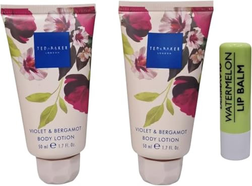 Vioet & Bergamot Body Lotion 50ml TWIN PACK Mini Travel Size With Free WaterMelon Lip Balm