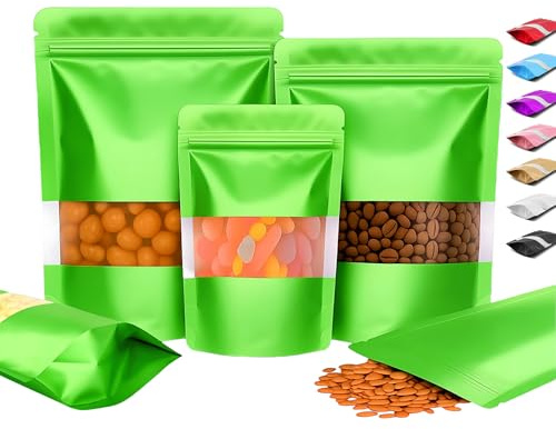 Plaphy 100 Bolsas Zip Doypack Herméticas con Ventana, Stand Up Pouch de Colores, Bolsas Mylar de Aluminio de Pie con Cierre Resellables para Empaque y Almacenamiento de Alimentos (Verde, 16 x 24 cm)