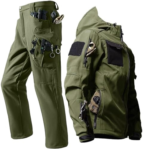 YKS JOOB Men's Fleece Lined Military Uniform Waterproof Tactical Jacket and Pant Set Hunting Hiking 2PC Combat Outfit Green M