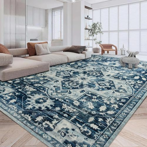 Imperial Rooms Blue Rugs Living Room Extra Large 240 x 340 Short Pile Area Rugs for Bedroom Machine Washable Non Slip Carpet for Kids Room Soft Vintage Design Boho Rug, Tranquil