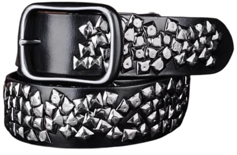 Män Kvinnor Äkta Läderbälte Med Nitar, Metal Punk Rock Goth Nit Ljusa Pyramidnitar, 38 Mm Bredd(Black,105cm/waist:34~36)