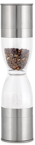 Cole & Mason Harlow Salt and Pepper Duo Mill 2 in 1 Salt/Pepper Grinder | All In One Kitchen Space Saving Solution 2 Grinders in 1 With Ceramic Mechanisms Covers Prevents Mess Acrylic/Stainless Steel
