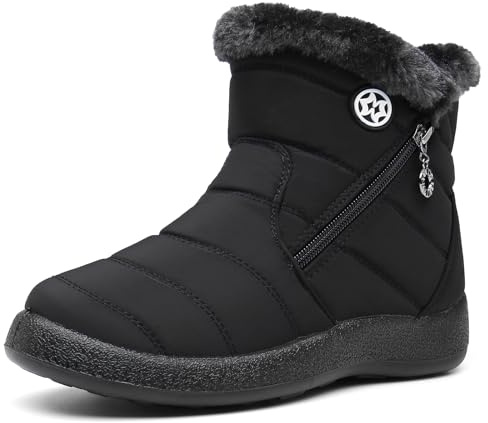 Womens Snow Boots Waterproof Ankle Booties Warm Ladies Short Boots Winter Walking Boots Faux Fur Lining Black A 6.5UK=Label size 40