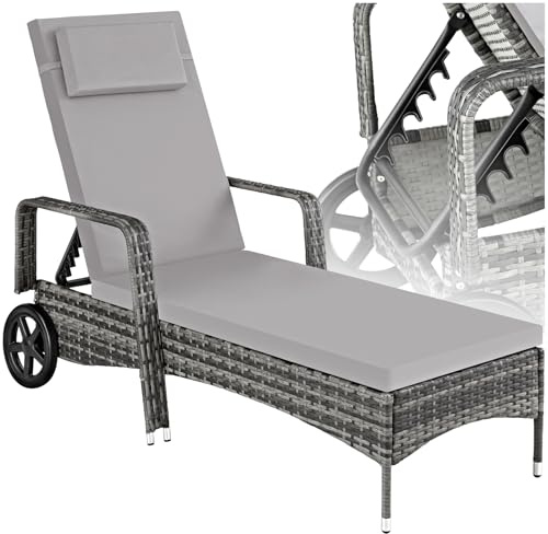 tectake® Chaise Longue Bain de Soleil en Resine Tressee Résistant Inclinable avec Roulettes Transat Salon de jardin exterieur Mobilier de Jardin Chaise Longue Piscine Plage - Gris/Gris Clair