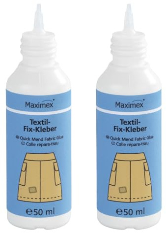 Textil-Fix Kleber, Textilkleber/Stoffkleber als ideales Flickmittel für alle Textilien, ohne Nadel und Faden Säumen, Flicken und Kunststopfen, wasch- und reinigungsbeständig, Inhalt: 2 x 50 ml