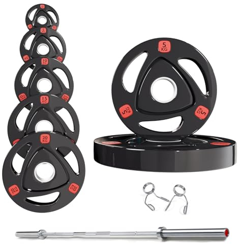 Strongway® Olympic 50KG 70KG 100KG Tri Grip Weight Plates Sets with 6FT 7FT Barbell - 2 Inch (2) / 50mm Hole - Rubber Coated Cast Iron Weight Lifting Bar (50KG SET + 6FT BAR)