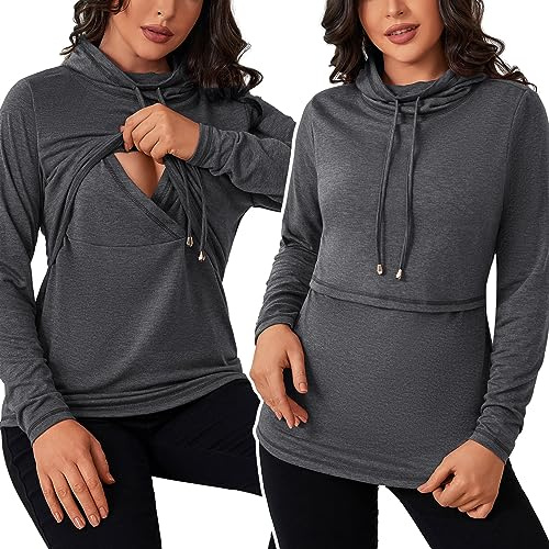 GINKANA Nursing Tops for Breastfeeding Cowl Neck Nursing Sweatshirt Double Layer Pullover Shirts with Drawstring,Dark Grey,L