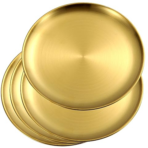 AUSHOPLAH Set di 4 piatti piani in acciaio inox da 30 cm, piatti piani in metallo, piatti rotondi per pizza e pasta (confezione da 4, oro, 30 cm)