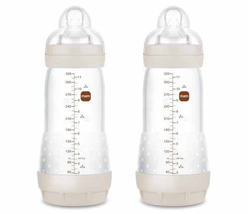 MAM Pack 2 Biberones Anticólicos, a partir de 4 Meses, 320ml, con Tetina 3 Flujo Rápido de Fácil Aceptación, Autoesterilizable y Fácil de Limpiar, MAM Easy Start Anti-Colic, Neutro Mate, Pack de 2uds