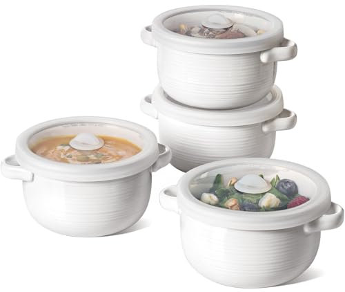 LE TAUCI French Onion Soup Bowls, 28 oz Ceramic Soup Crocks with Handles & Silicone Lids, Oven & Microwave Safe Containers for Meal Prep & Leftovers, Lead & Cadmium Free, Set of 4, White