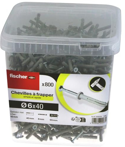 fischer Cubo de 800 Tacos para Golpear 6 x 40 de Acero electrocincado, Collar Plano, Clavo con Huella Pozidriv, 6x40
