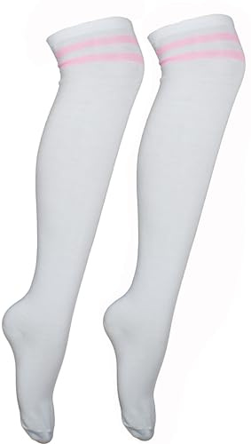Cherry-on-Top Thigh High Socks White Knee High Socks Womens Knee-Highs Thigh Highs Stripe Long White Sock Over the Knee Womens Cheerleader Pub Golf Fancy Dress Pink 2 Stripe