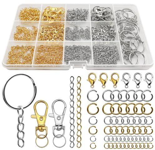 Kit de fabricación de llaveros SENHAI con 968 piezas, anillos de salto, cierres de llavero tipo pinza de langosta, llavero, cadena con gancho, plateado, dorado, moderno, contemporáneo, para adultos