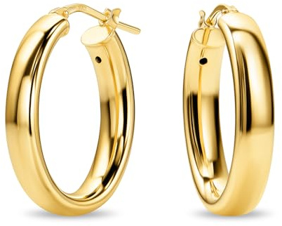 Miore Pendientes Mujer de Plata de Ley 925 Bañados en Oro de 18K 750, Grandes Aros Redondos de Oro Brillante con Tubos Planos de 26,5 mm, Hechos a Mano en Italia, Joyas Dorados con Joyero