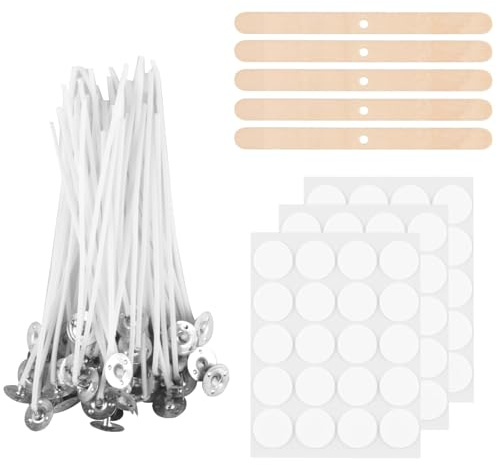 Candle Wicks for Making Candles, 100 Pcs 20cm Cotton Pre Waxed Candle Wicks with 5 Pcs Candle Wick Holders & 3 Sheets Dot Stickers, for Candle Making, DIY Candle Crafts