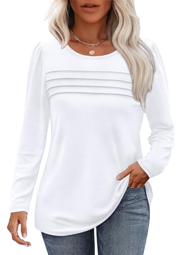 Aokosor Long Sleeve Tops For Women Sweatshirts For Women Uk Dressy Casual Blouses Trendy Pleated Ladies Tunic Tops Plus Size 18-20 White XL