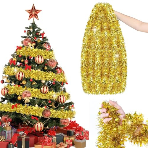Guirnalda navideña de oropel, árbol de Navidad de oropel, 10 Piezas x 2 m de Guirnalda navideña, para barandillas de escaleras, chimeneas y decoración Exterior (Dorada)