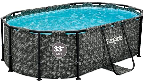 Funsicle Oval Oasis Designer 9' 10 x 6' 7 x 33 Above Ground Swimming Pool, with FiltraBoost 400 GPH Filter Pump with AutoSkimmer, Type I Filter Cartridge & Repair Patch, Dark Herringbone