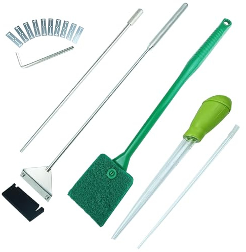 Fecsam 25.2 Inch Aquarium Algae Scraper/Remover for Glass Fish Tanks, Stainless Steel Cleaner Tool Kit/Cleaning Accessories with 10 Replaceable Blades + Coral Feeder + Double-Sided Sponge Brush