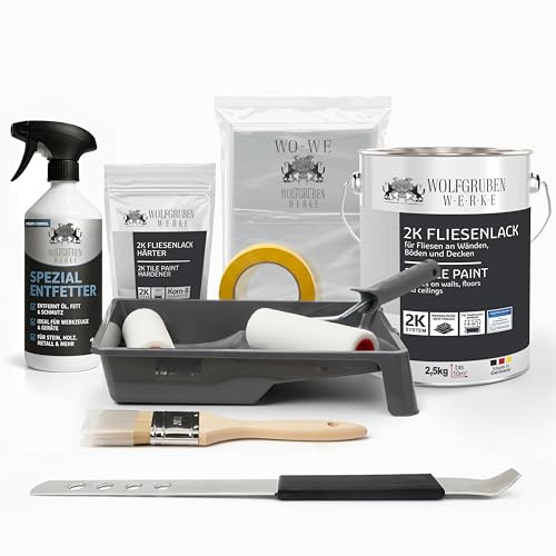WO-WE Kit Complet Peinture Carrelage 2K pour cuisine, salle de bain, carrelage mural & sol – Gris clair 2,5 kg