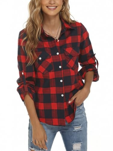 Famrrifuu Camicia Flanella Donna Classica Manica Lunga Camicia a Quadri Blusa Scozzese Button Down Casual Cotone Shirts Vintage, Rosso Blu, S