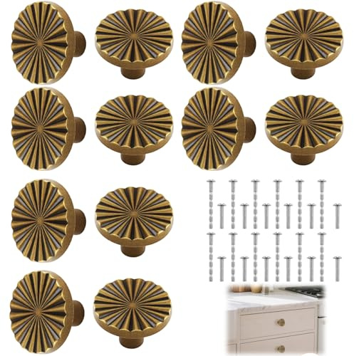 12 Pack Cabinet Knobs with 24 Screws Set, Antique Brass Drawer Knob, Door Kitchen Hardware Doorknob, Classic Solid Zinc Alloy Knobs for Drawers, Golden Flat Drawer Pulls, for Wardrobes, Closets