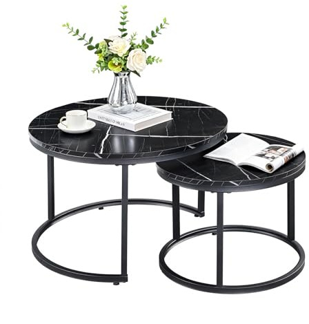 JoyyeSpace Couchtisch 2er Set, Beistelltisch, Wohnzimmertisch, Couchtisch Höhenverstellbar, für das Wohnzimmer, Couchtisch Rund Holztisch mit Schwarzem Metallgestell, Durchmesser 70/50 cm, Schwarz
