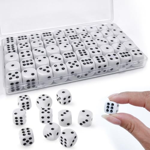 Set di 100 Dadi da Gioco 14mm, Dadi a 6 Facce Standard D6 in Acrilico, Ideale per Giochi da Tavolo e Didattica Matematica, Include 2 Scatole Contenitore Trasparenti (Bianco)