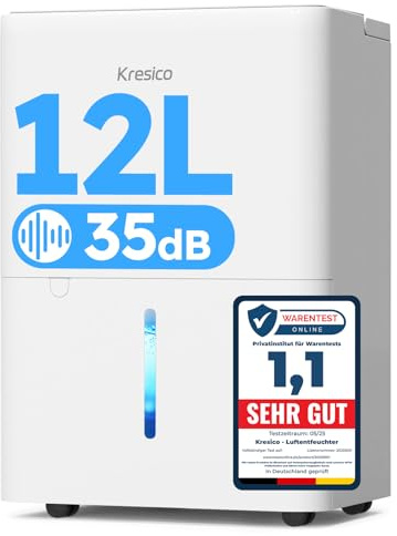 Kresico Luftentfeuchter elektrisch 12L/24h, Entfeuchter elektrisch 35dB, Raumentfeuchter für Räume ca. 122m³/25m², mit Ablaufschlauch, Timer, Filter, auto Abtauen, Kältemittel R290, 10 J. Gar.
