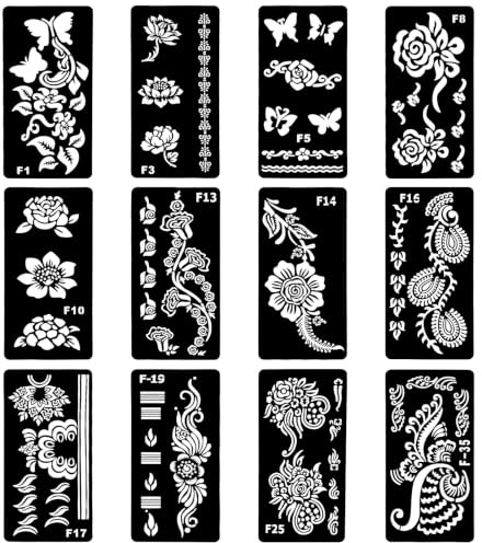 LOPHE Kit de Pochoirs pour Tatouage Temporaire Autoadhésifs Réutilisables, Facile à Utiliser, Idéal pour Fêtes, Carnaval, Halloween, Anniversaires, A-12PCS