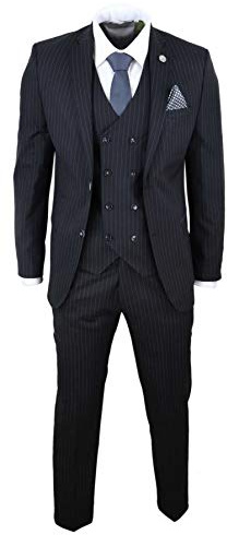 TruClothing.com Abito Elegante da Uomo 3 Pezzi Motivo a Righe gessate Stile Blinders Gatsby - Nero 40UK, 50IT Giacca - 34 Pantaloni