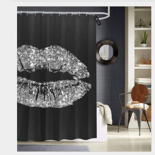 AdaCrazy Black Gray Silver Glitter Kiss Lips Makeup Sparkly Shower Curtain 3D printing Waterproof coated polyester fabric bathroom with 12 hooks 71 inches