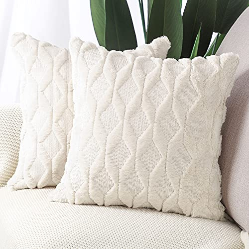 Madizz Set of 2 Soft Plush Short Wool Velvet Decorative Cushion Covers Luxury Style Throw Pillow Cases Pillow Shell for Sofa Bedroom Square Beige 16x16 inch, 40x40 cm