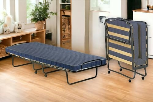Talamo Italia Dmora - Letto Pieghevole Balaguer, Brandina con Rete a doghe e Materasso Incluso, Letto con Ruote, Cm 190x80h30