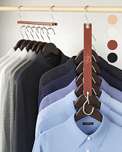 MORALVE Space Saving Hangers for Wardrobe – 4 Pack European Beechwood 6-Tier Shirt Organiser with 360° Swivel Hook – Collapsible Clothes Hanger for Wardrobe Organisation (Hangers Not Included)