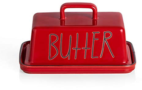 Sweejar Home Ceramic Butter Dish with Handle Lid, 18 cm Porcelain Large Butter Keeper with Cover, Perfect for East/West Butter (Red)
