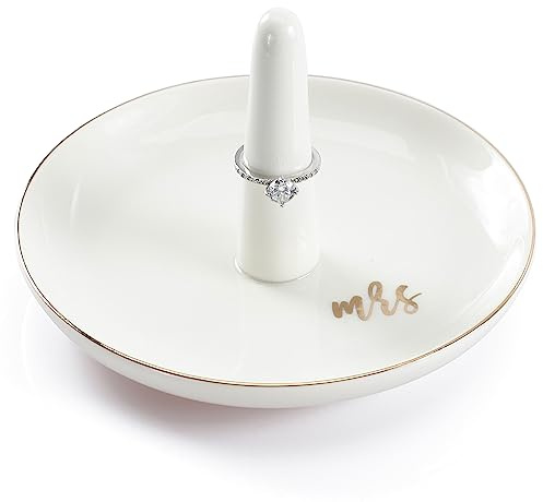 HOME SMILE Mrs Ring Holder Jewery Tray-Monogrammed Engagement Gifts for Friends,Birthday Mother's Day Christmas Gifts for Women,Ceramic White…